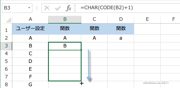 Char関数とcode関数でabcアルファベットのオートフィル Excel